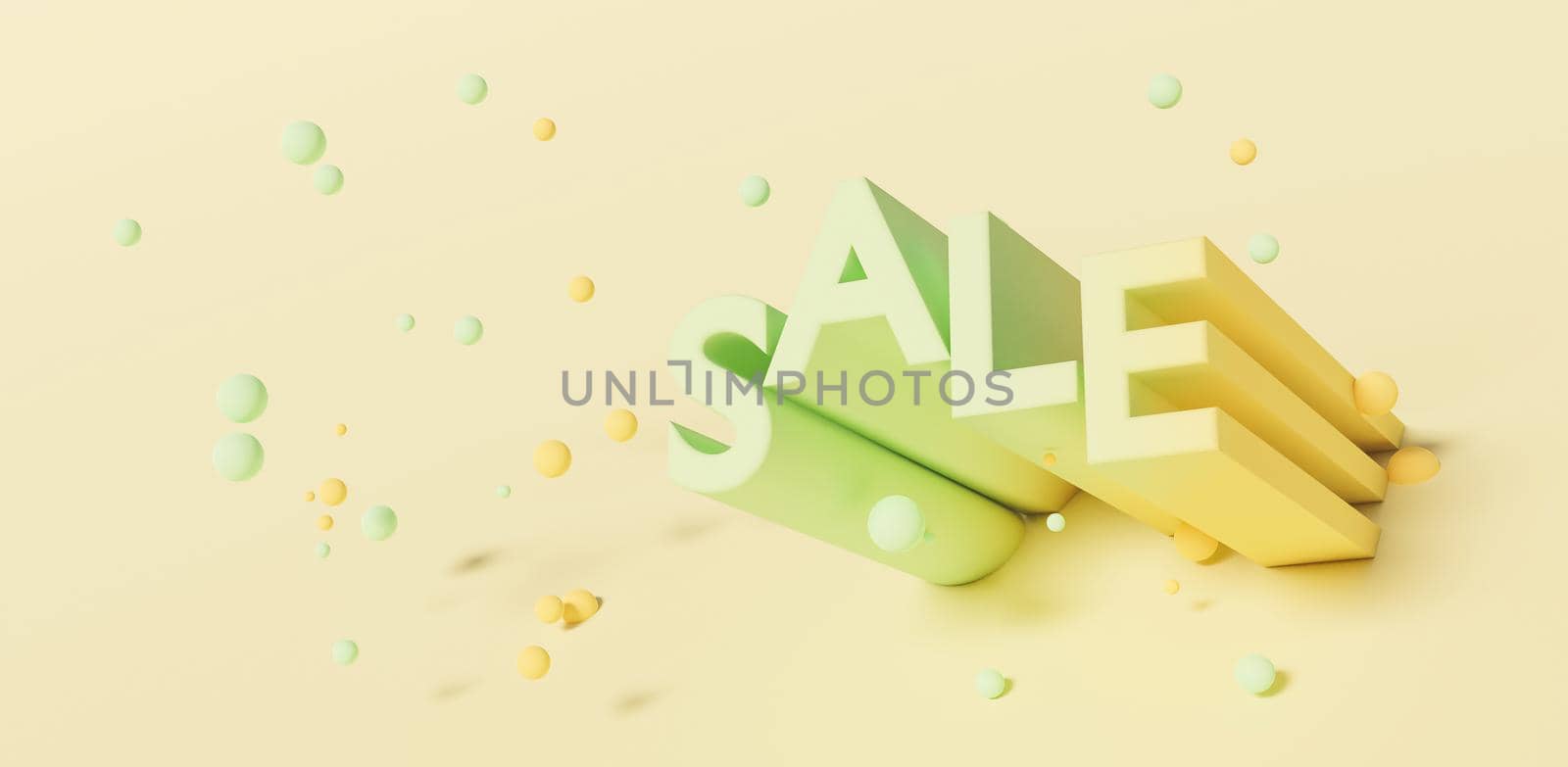 SALE sign with spheres suspended around it with a pastel background. 3d rendering