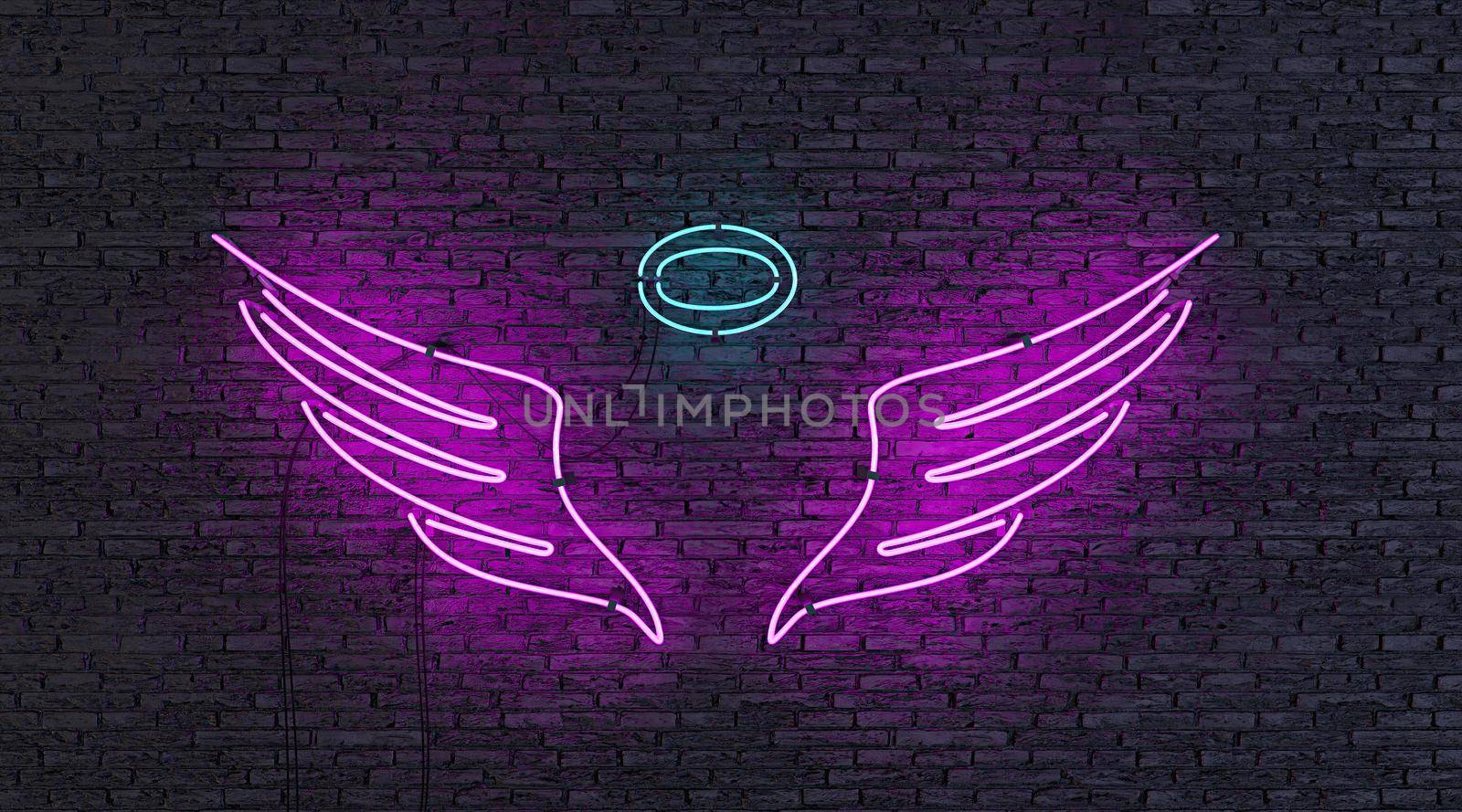 neon lamp with angel shape on brick wall. 3d rendering