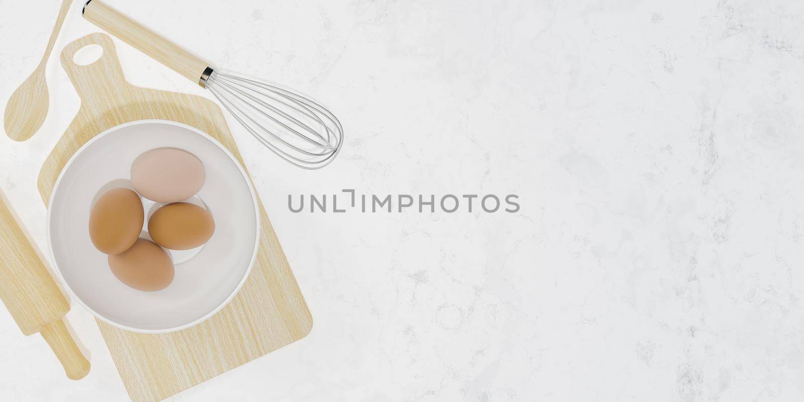 wooden kitchen accessories with a bowl with eggs inside and white marble background with space for text. 3d rendering