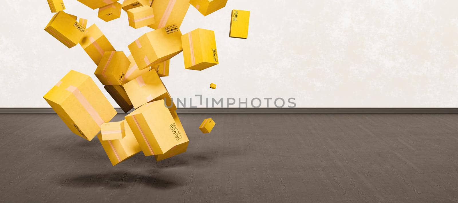 many shipping boxes falling on empty room with copy space. 3d rendering