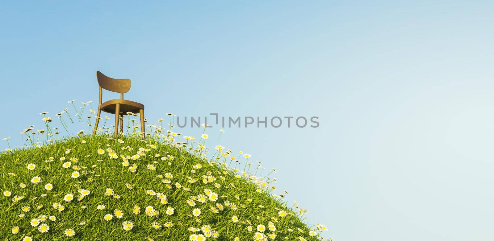 solitary wooden chair on a hill full of daisies by asolano