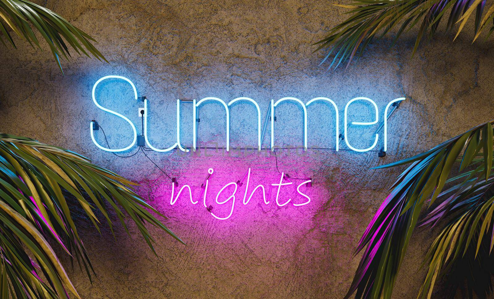 neon sign on wall with the word SUMMER NIGHTS and palm leaves by asolano