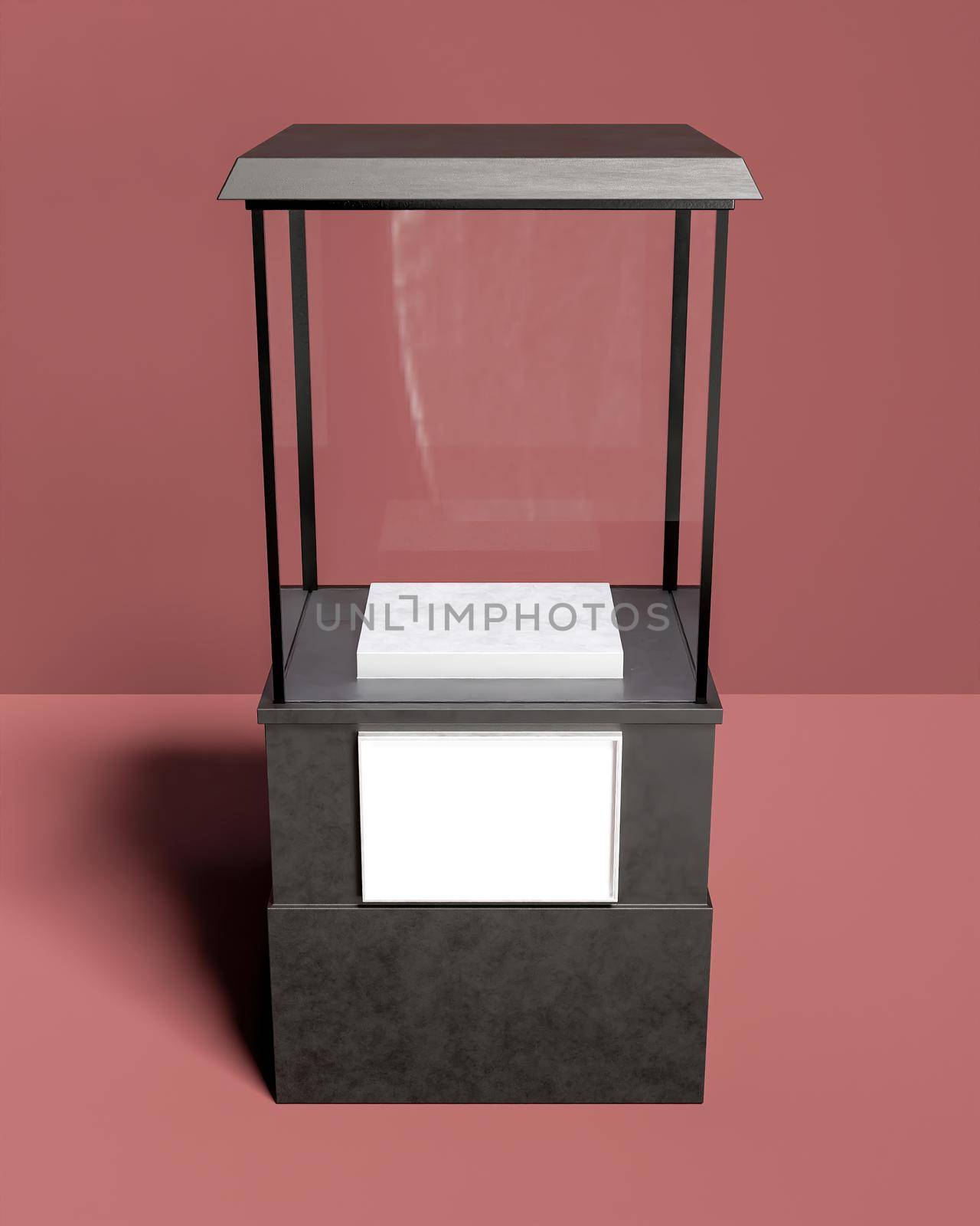 square showcase with glass and lower sign for product display. 3d rendering