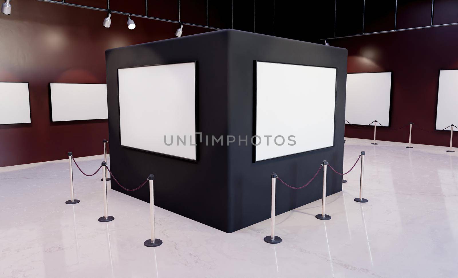 museum column with mockups of frames, illuminating spotlights and security fences. 3d rendering