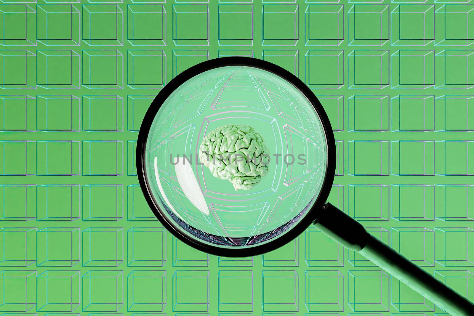 background of empty cubes with a magnifying glass in the center showing a brain. 3d rendering
