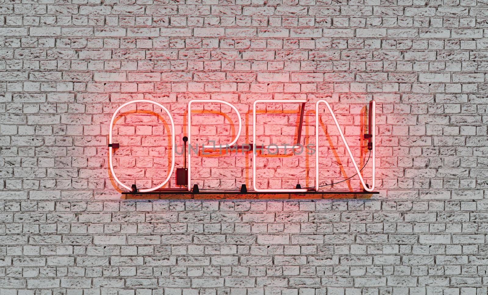 neon sign on brick wall with the word OPEN by asolano