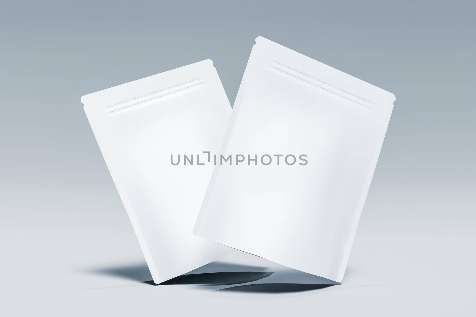 mockup of two bags of supplements suspended in the air. 3d rendering