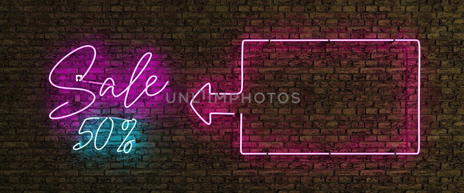 realistic neon lamp with the word SALE in pink and frame for product presentation or copy space. 3d rendering
