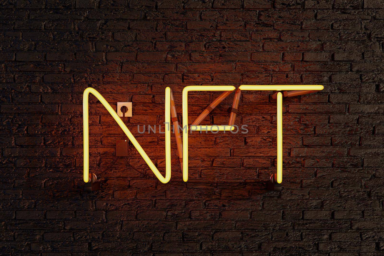 yellow neon lamp with illuminated NFT sign. 3d rendering