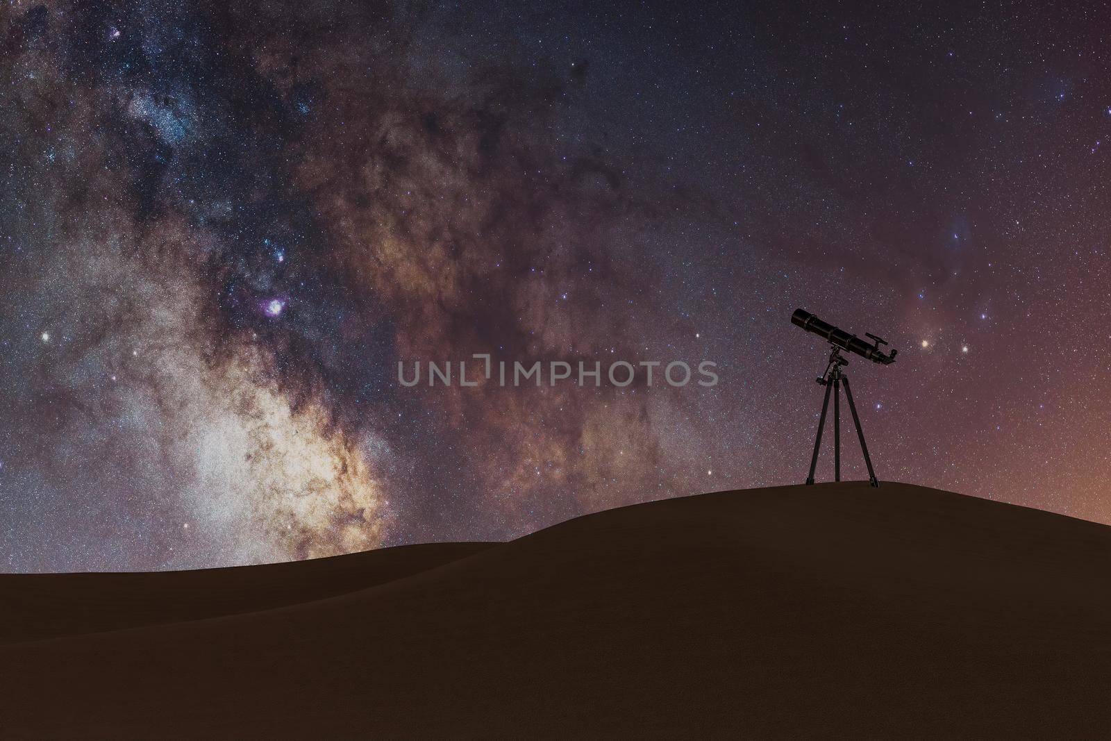 milky way with small telescope in the desert. astronomy. 3d rendering
