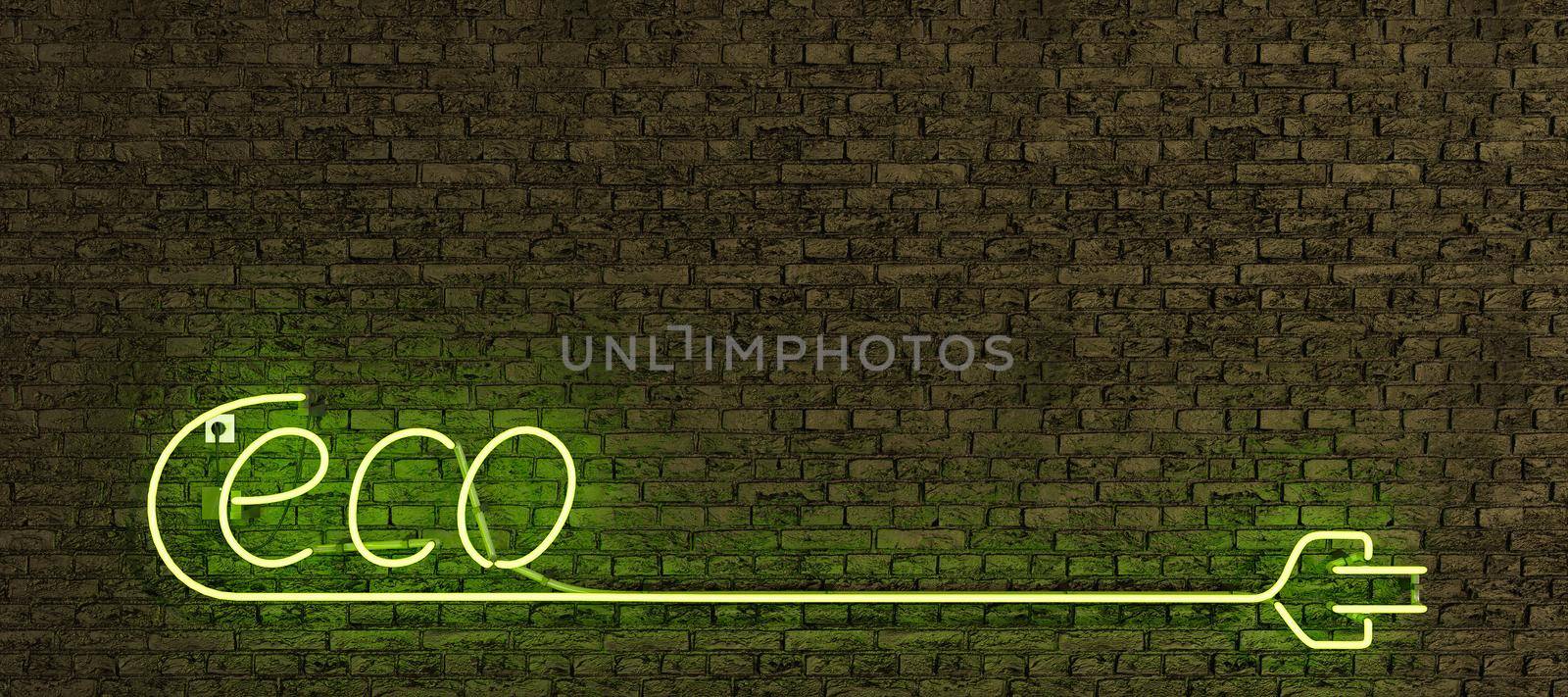 realistic neon lamp sign with the word ECO and long plug with copy space and green light on brick wall. 3d rendering