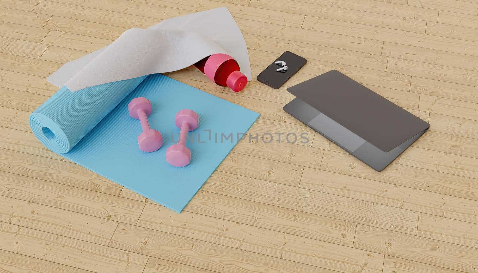 exercise mat with dumbbells, mobile phone, computer and headphones by asolano