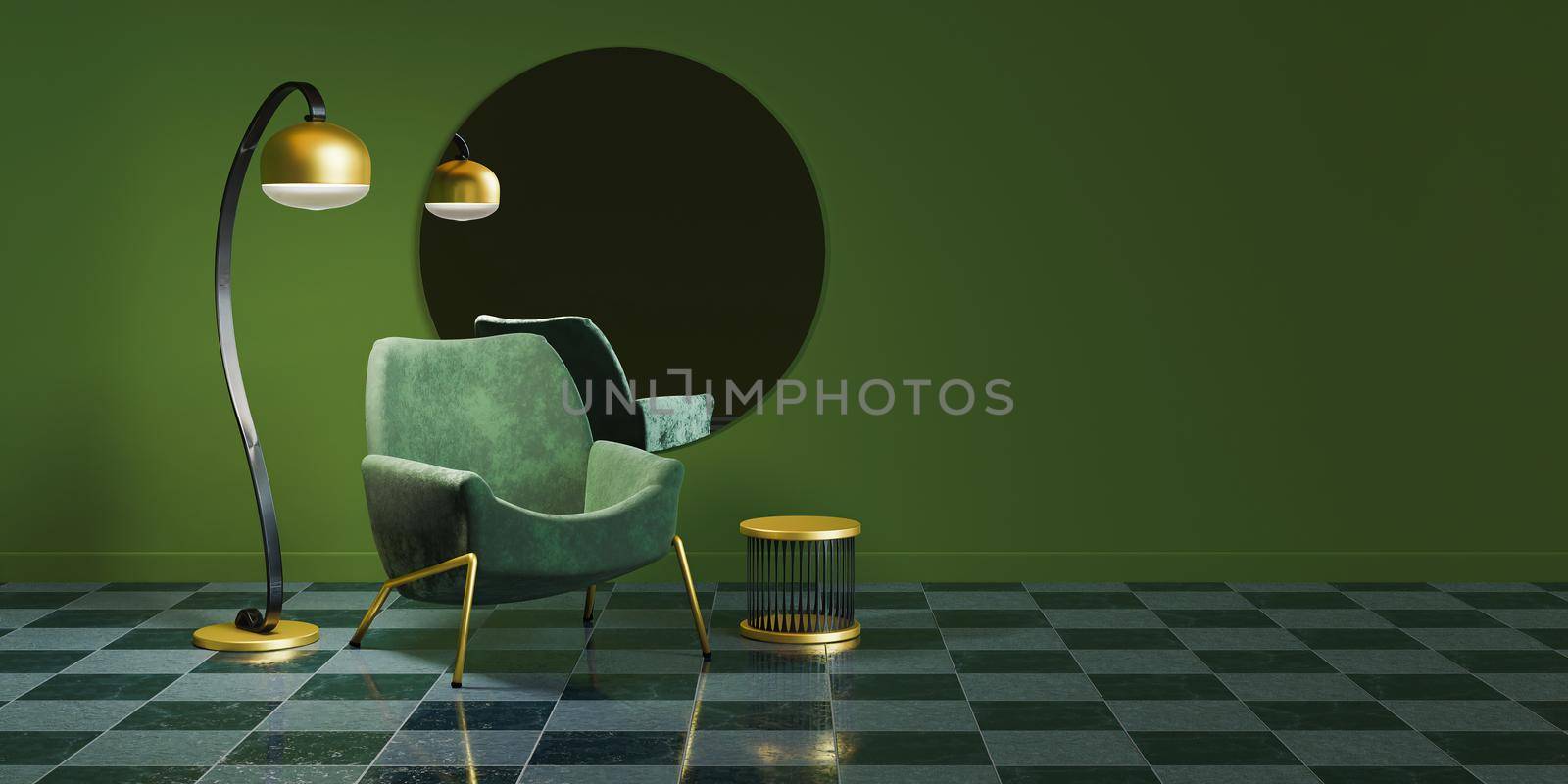 green minimalist interior with gold details, round mirror, lamp and sofa. space for text. 3d rendering