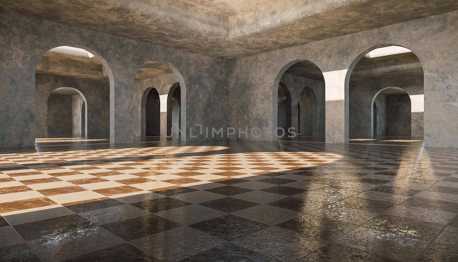 gallery of infinite concrete arches with marble tile flooring . 3d rendering