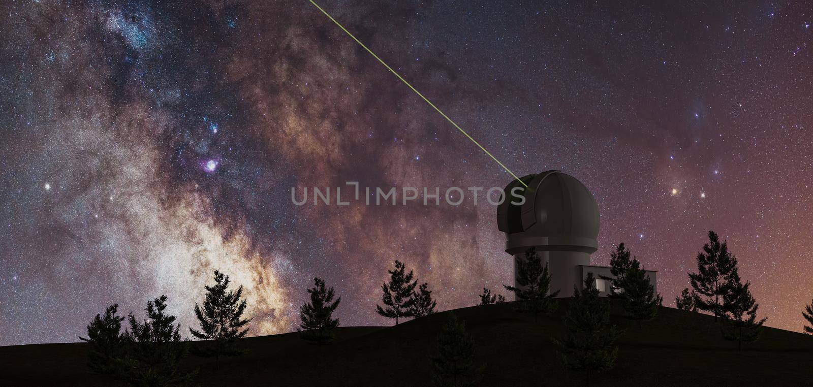 milky way with large telescope on the horizon and pine trees by asolano