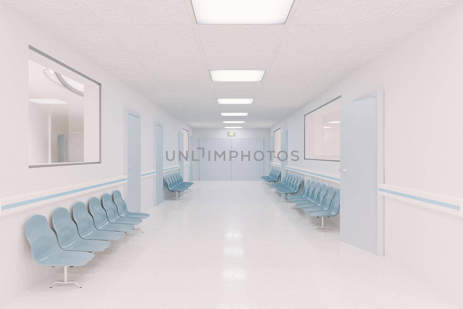 hospital corridor with waiting chairs on the sides and windows to the rooms . 3d rendering