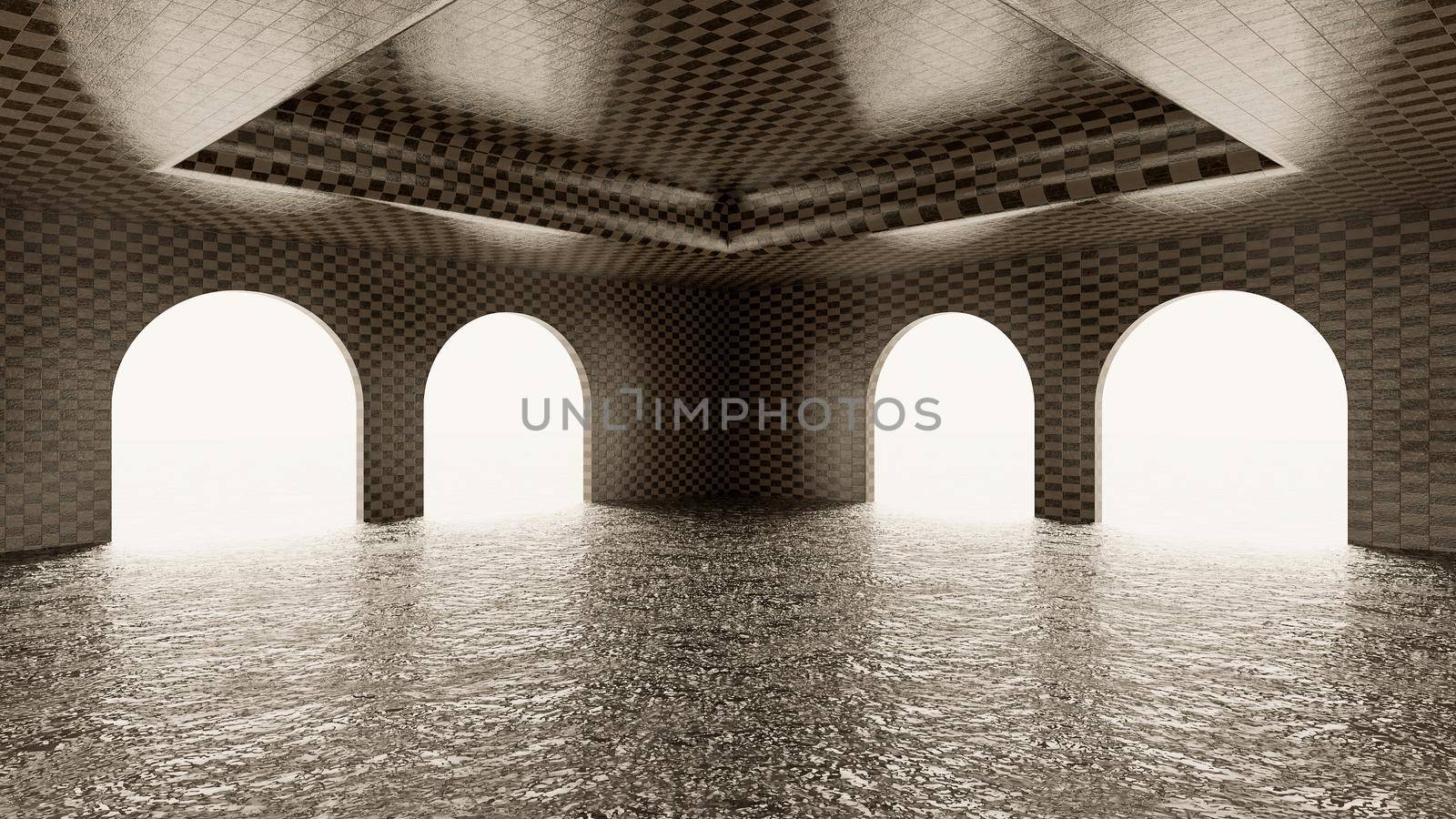 tiled arch room with water on the floor and white illuminated background. 3d rendering