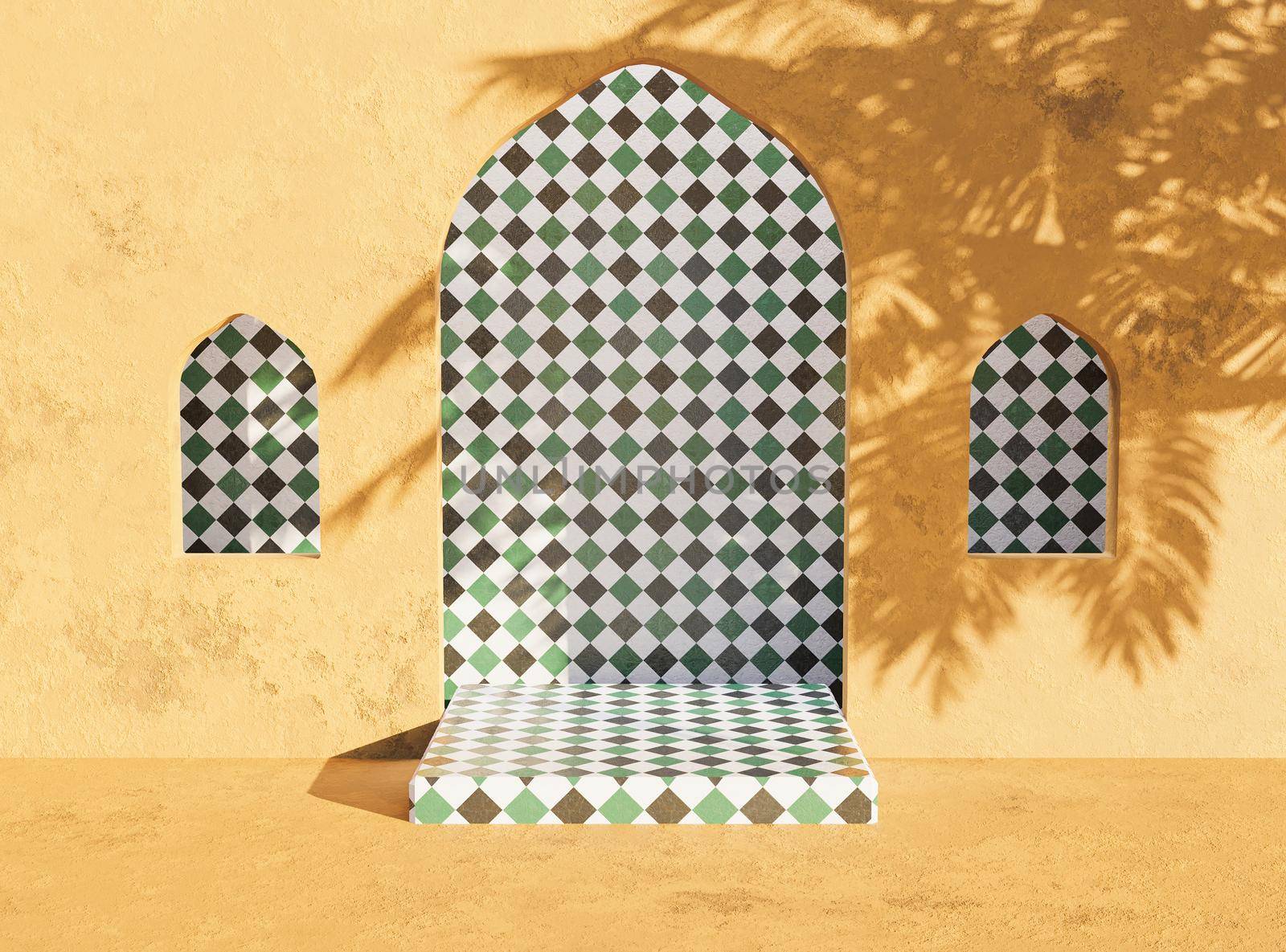 arabian style product presentation stand with palm tree shade. 3d rendering