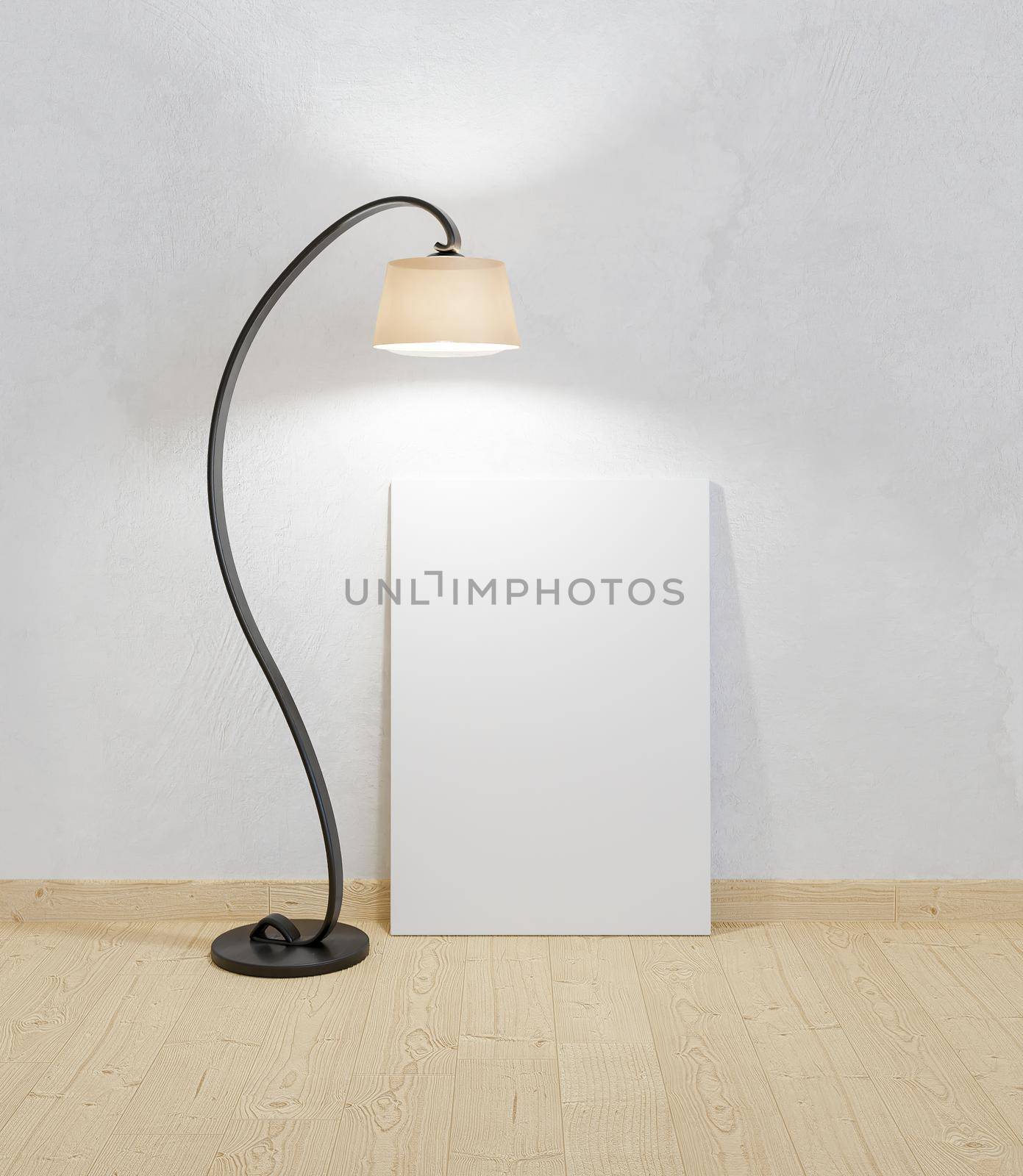 mock-up of a canvas resting on the floor with a lamp by asolano