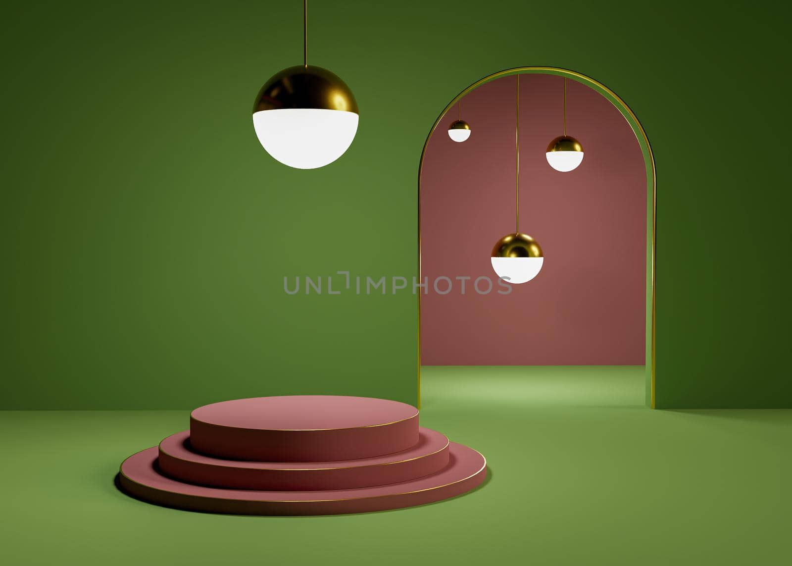 podium for product presentation with golden luminous spheres and red and green details. 3d rendering