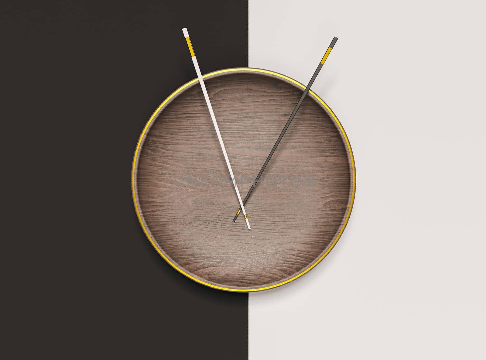 dark wooden plate with gold details and chopsticks with black and white background. 3d rendering