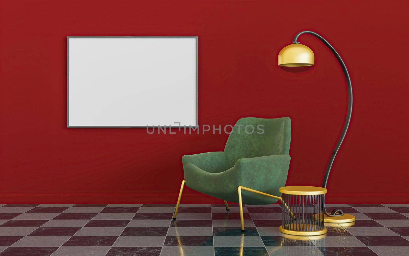 red, green and gold minimalist interior with lamp, sofa and mock-up of a canvas. 3d rendering