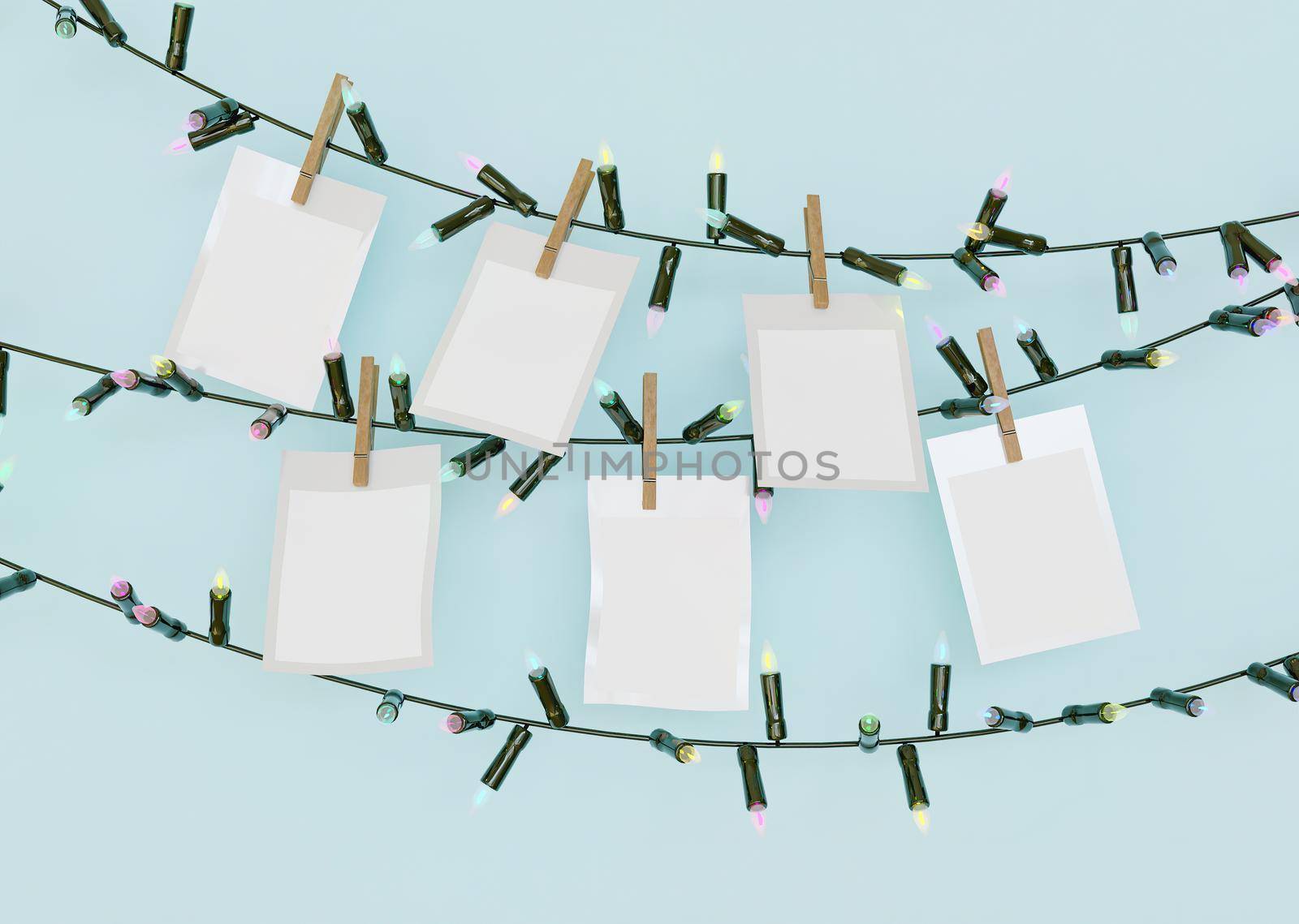 background with Christmas lights illuminated in all colors with mockup of slides hung with clips. 3d rendering