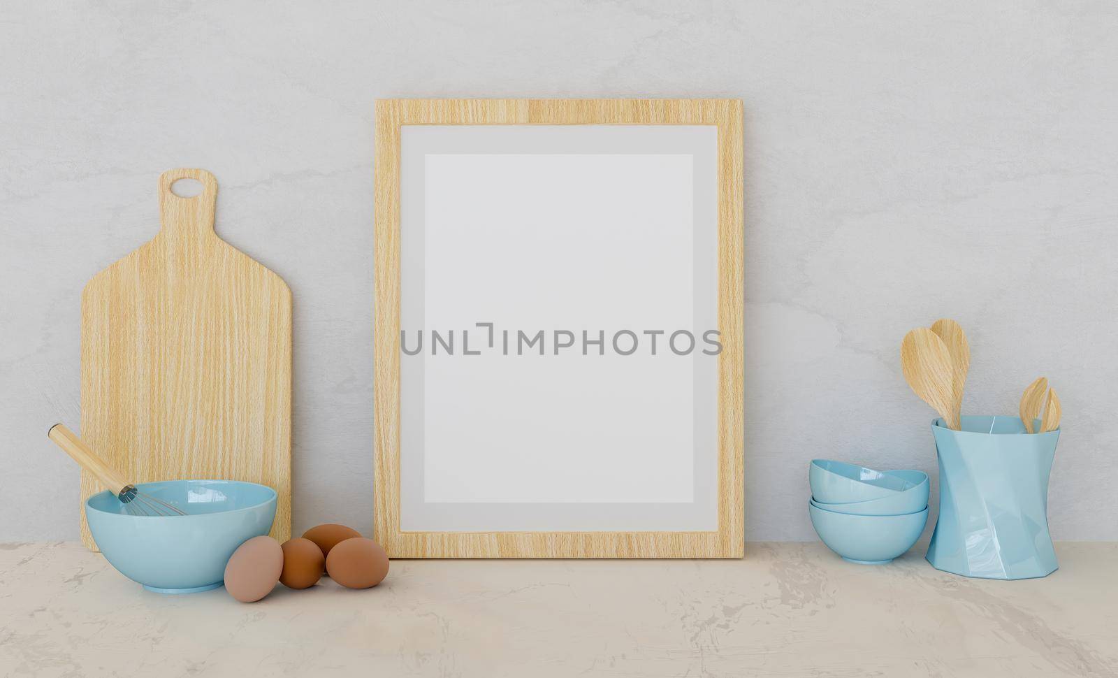 mockup of a wooden frame with kitchen accessories and eggs by asolano