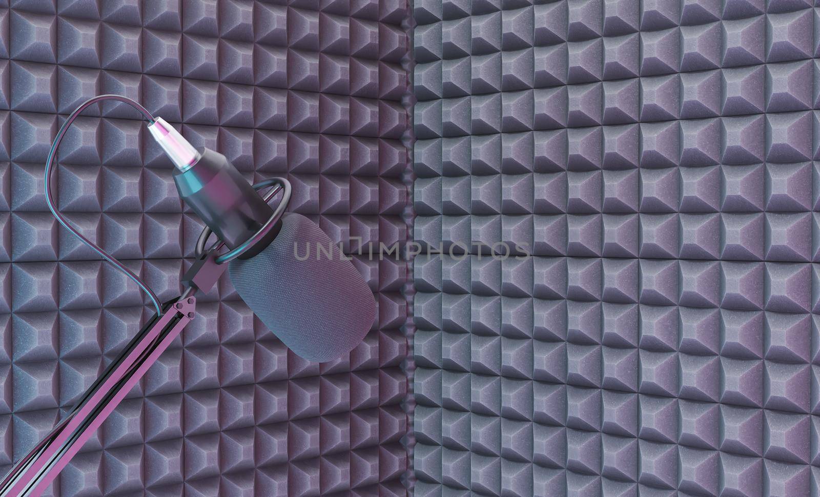 studio microphone over a recording corner with acoustic foam. 3d rendering