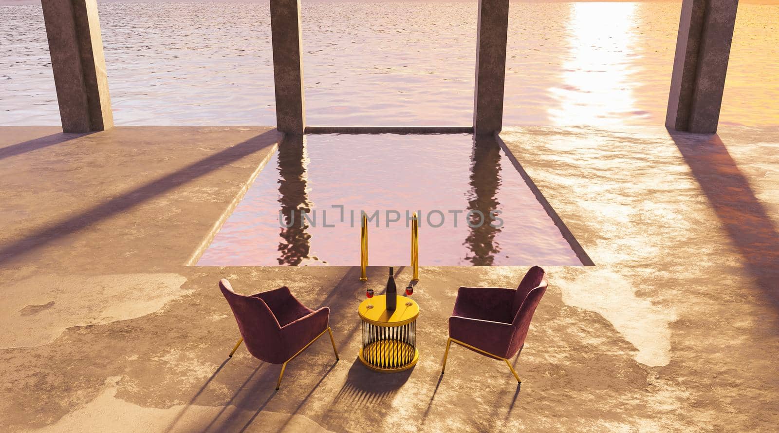 swimming pool with sea view and table with wine glasses and silk seats over a sunset. 3d rendering