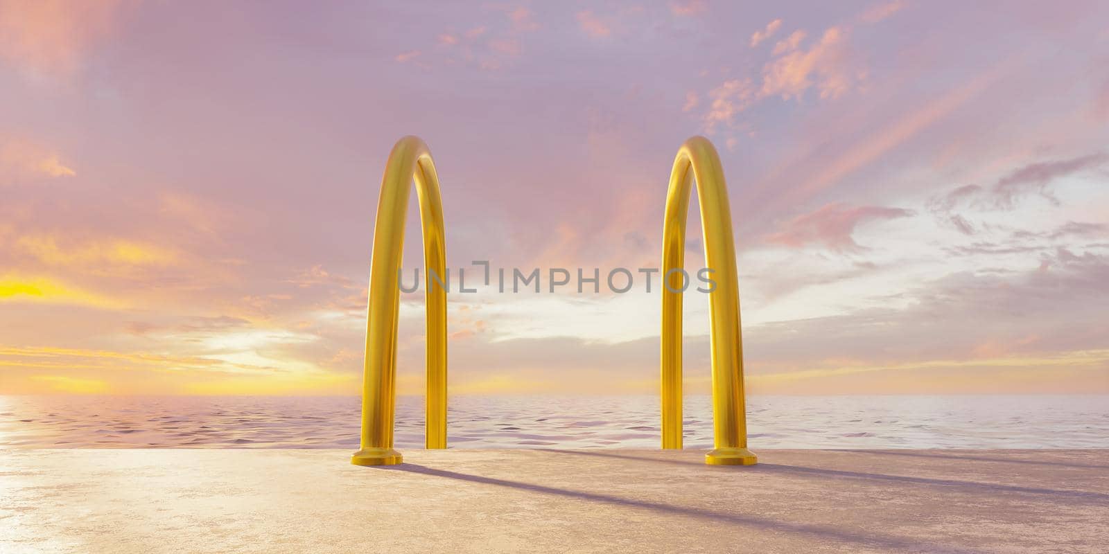 golden stairs in the sea with cloudy sky at sunset. 3d rendering