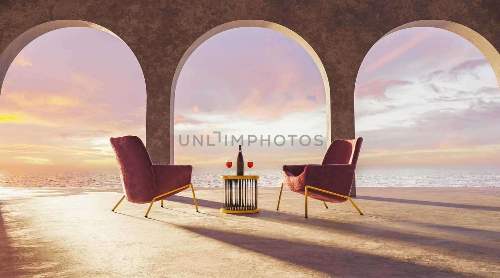 minimalist terrace with concrete arches and golden table with wine glasses and sunset over the sea. 3d rendering