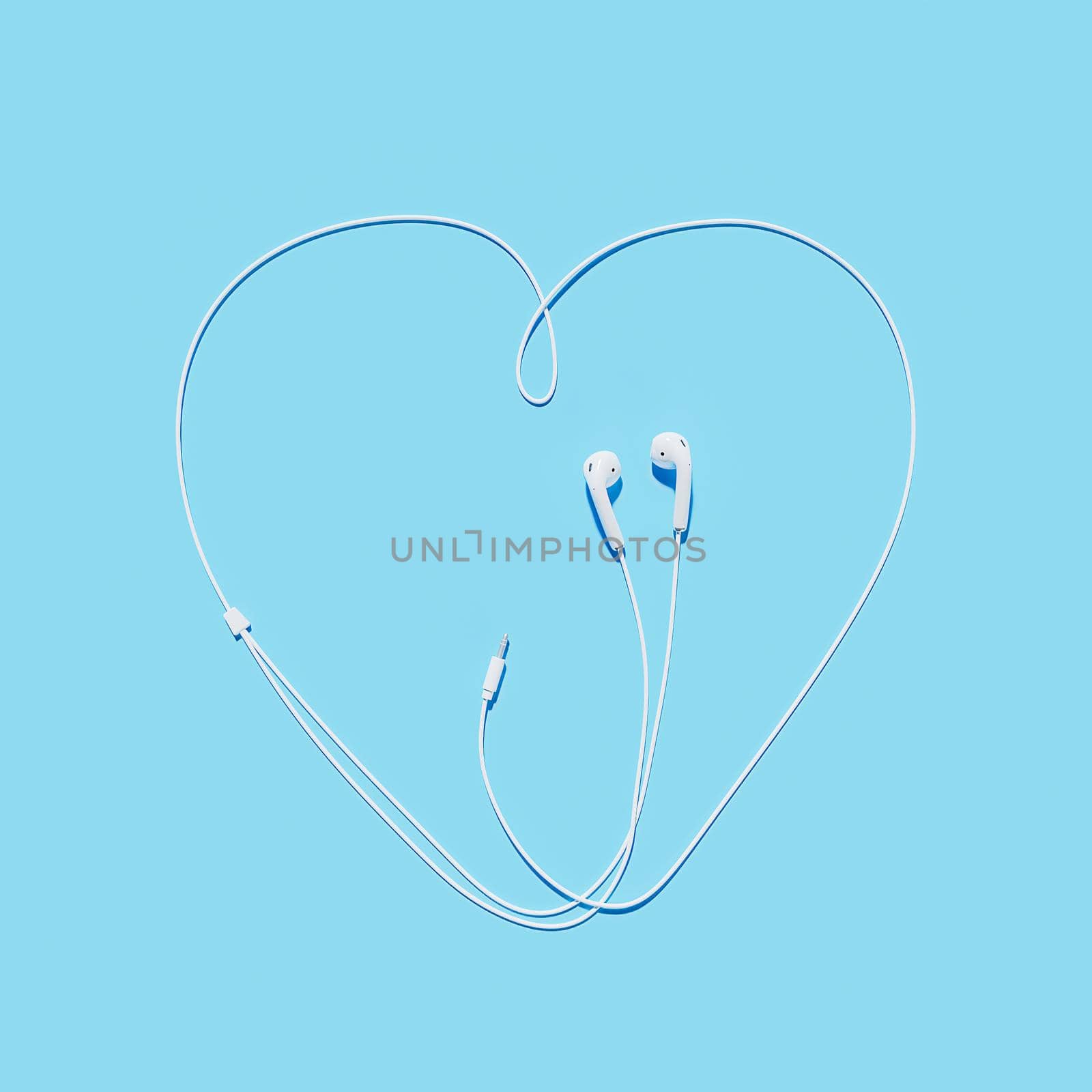 headphones with the cable making the shape of a heart on blue background. 3d rendering