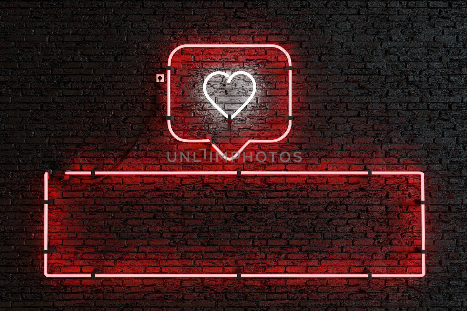 neon notification box with heart and empty rectangle for presentation of followers or likes. 3d render