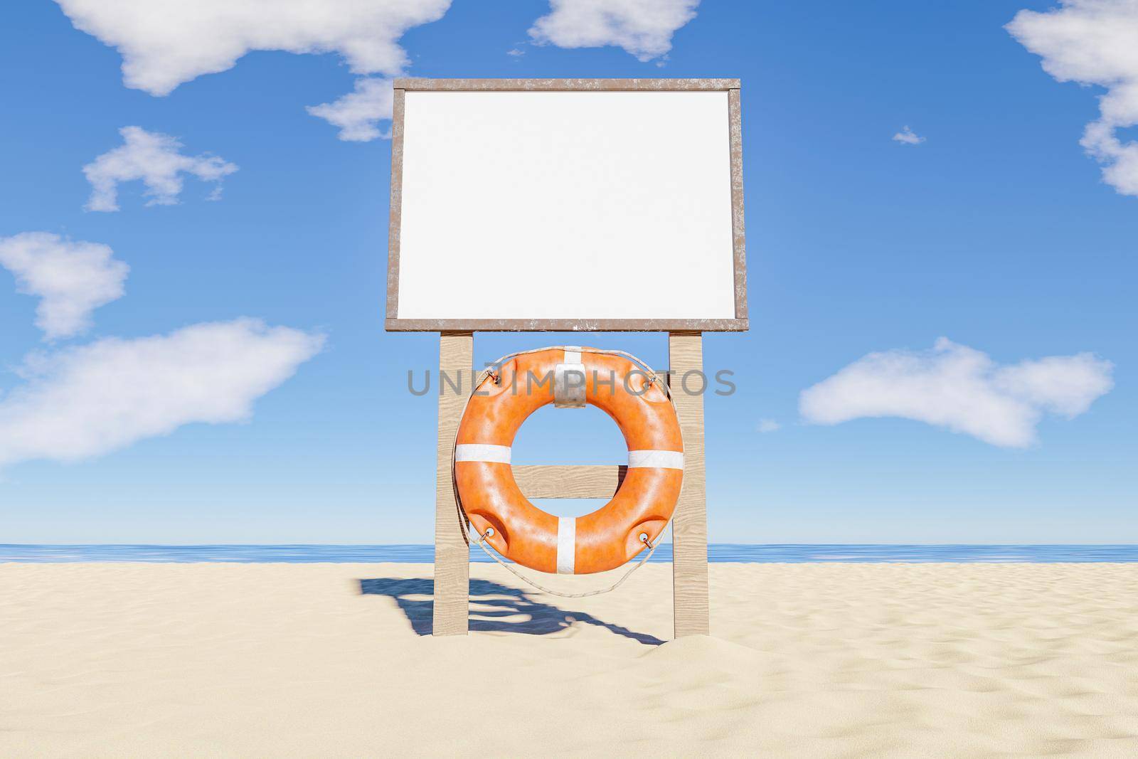 mockup of beach rules sign with lifebuoy hanging by asolano
