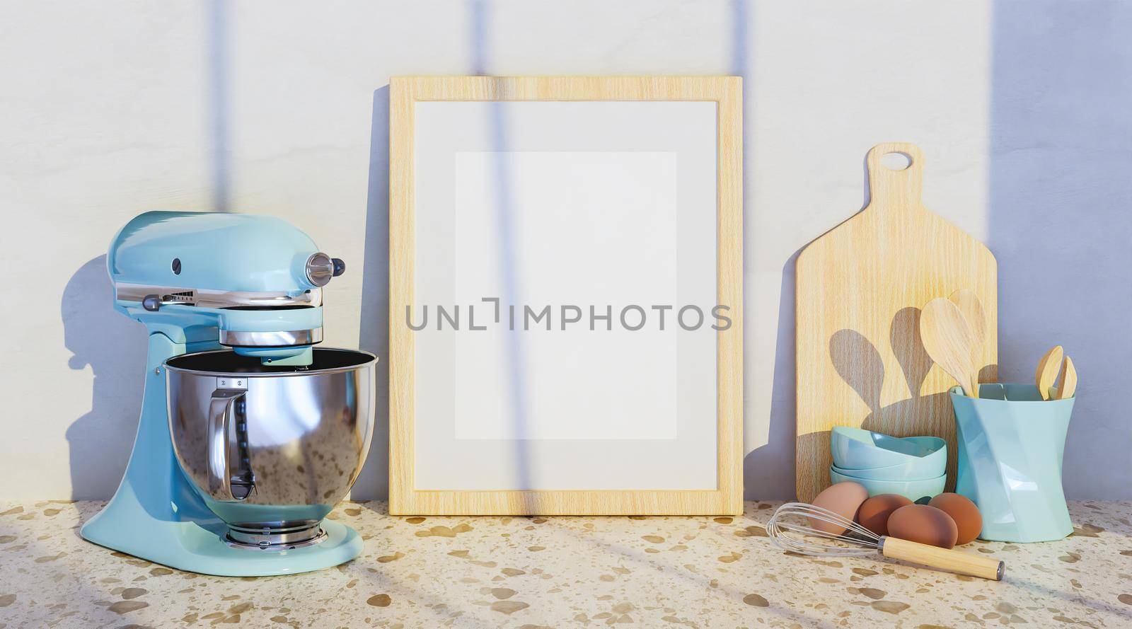 mock-up of a frame with kitchen accessories on the sides and a large blue mixer. 3d rendering