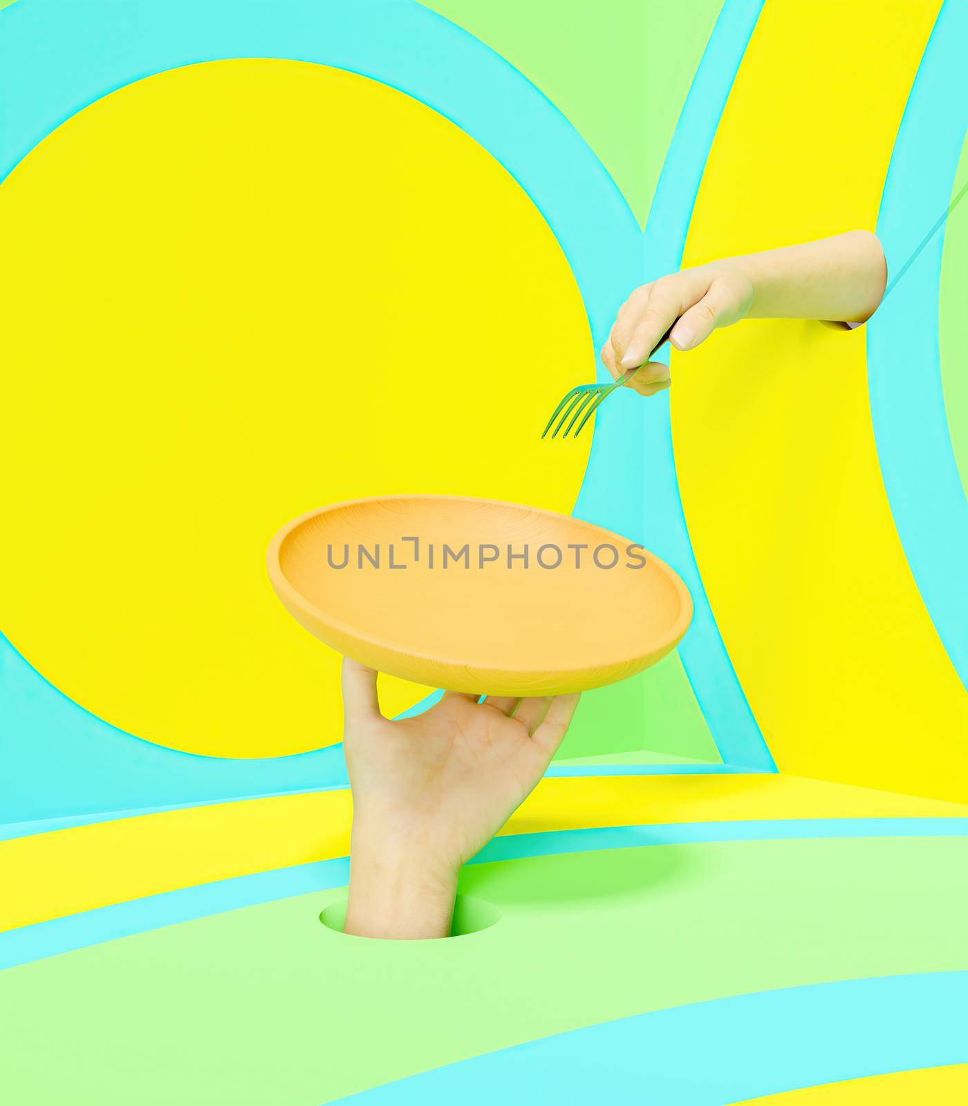 woman's hand coming out of the floor holding a tray for product presentation with another hand holding a fork. 3d rendering