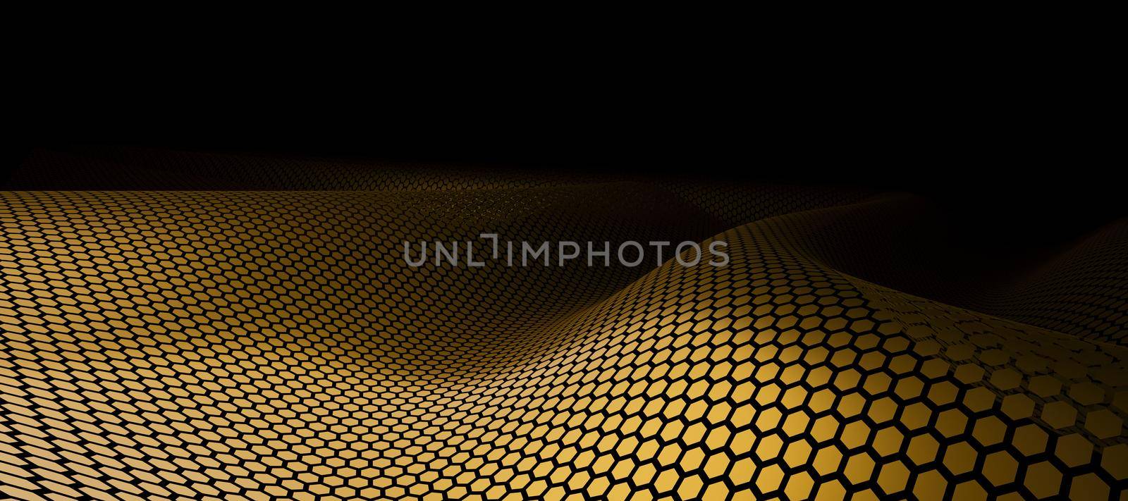abstract background of golden hexagonal waves with dark background. 3d render