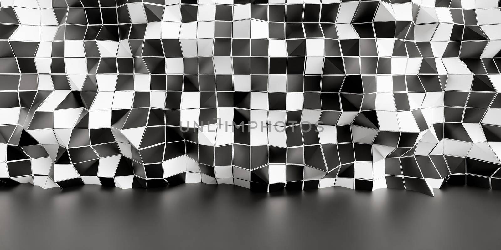 abstract wall of messy black and white squares with black floor. 3d render