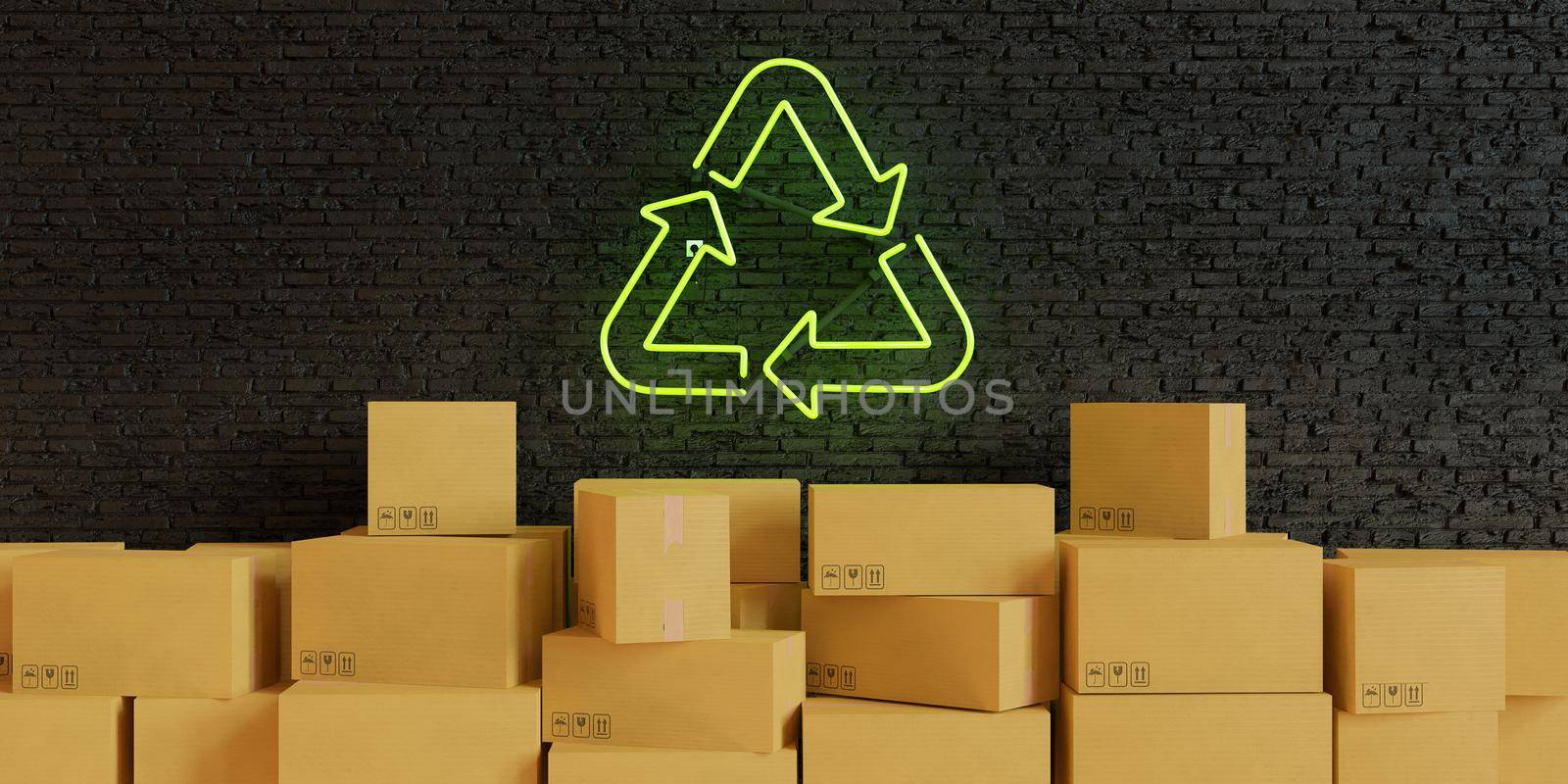 cardboard boxes stacked with a green neon lamp with the recycling symbol by asolano