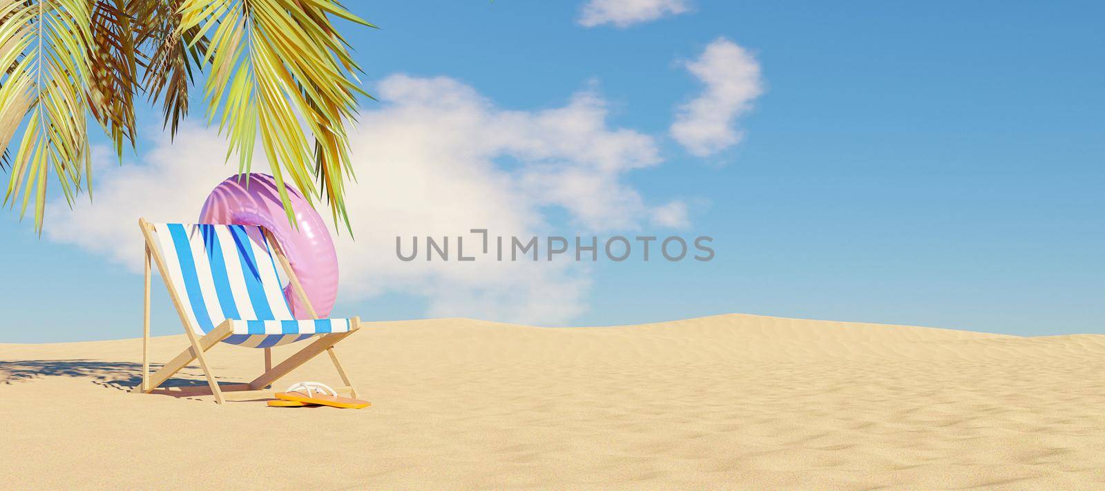 hammock with float and flip flops on beach sand with palm tree shade by asolano