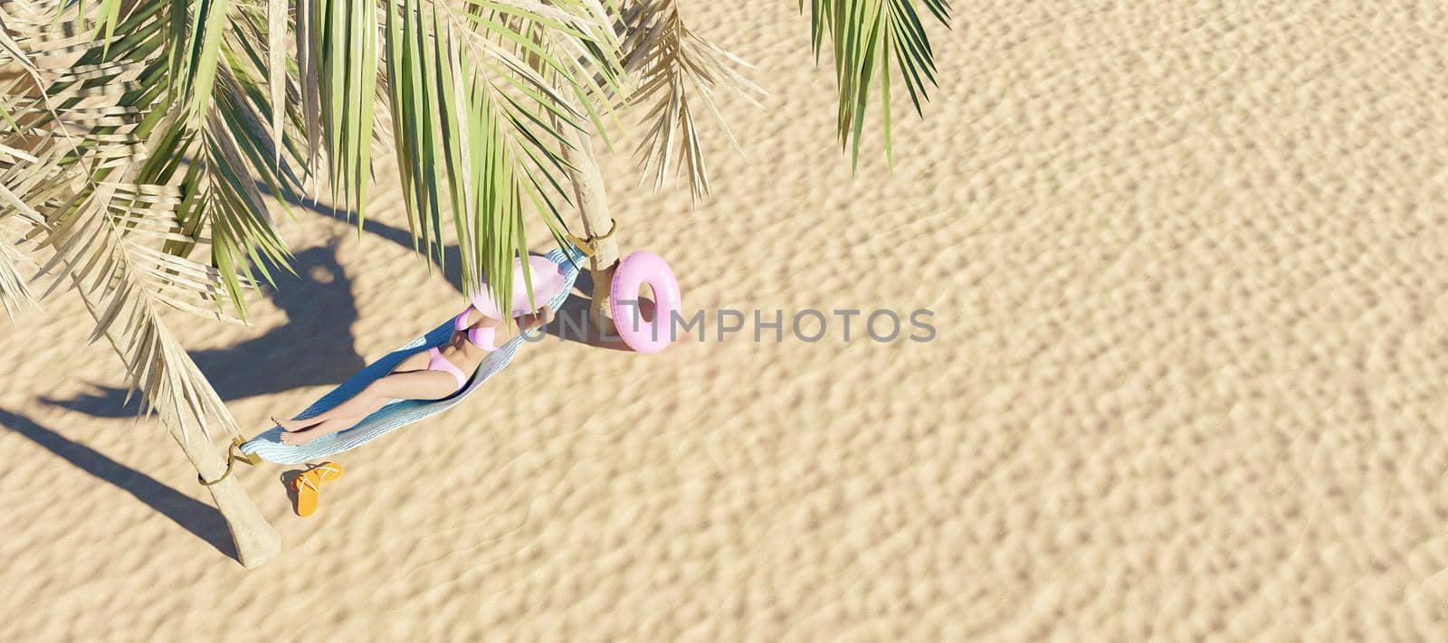 woman in a hammock between two palm trees on the beach. top shot. summer time. copy space. 3d render