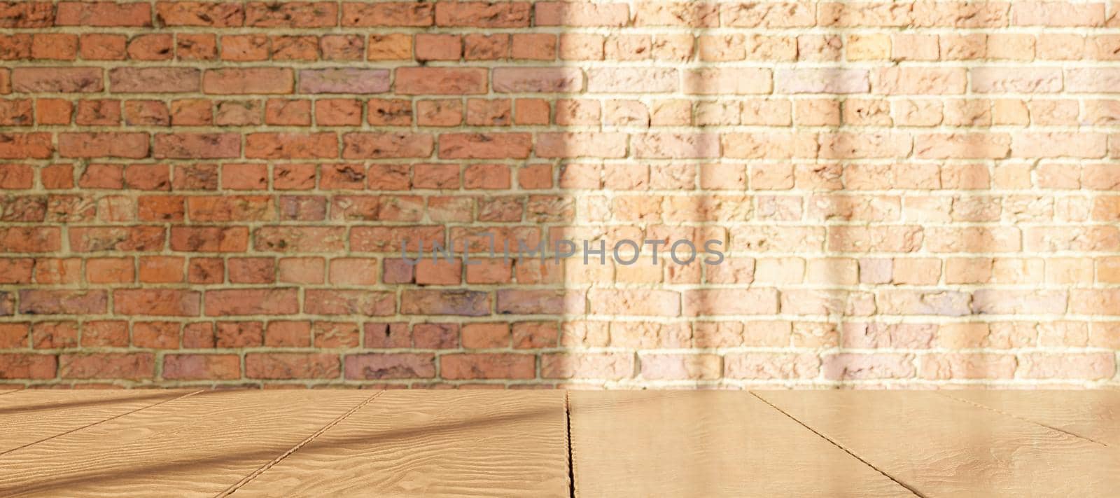 wooden table with blurred brick wall with window illumination. product display. 3d render