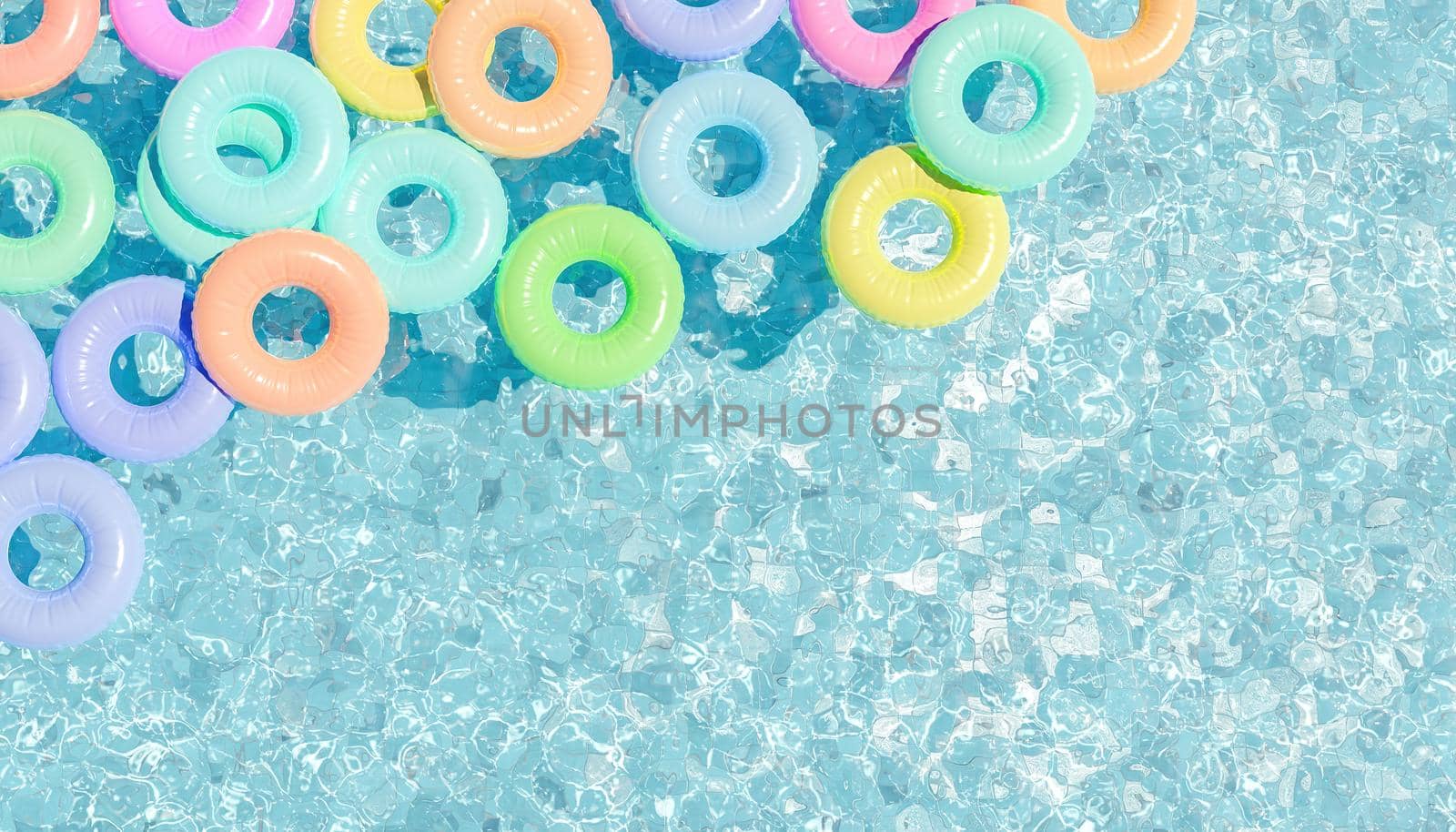 top view of swimming pool with lots of pastel colored floats in the corner. summer time. copy space 3d render [...]