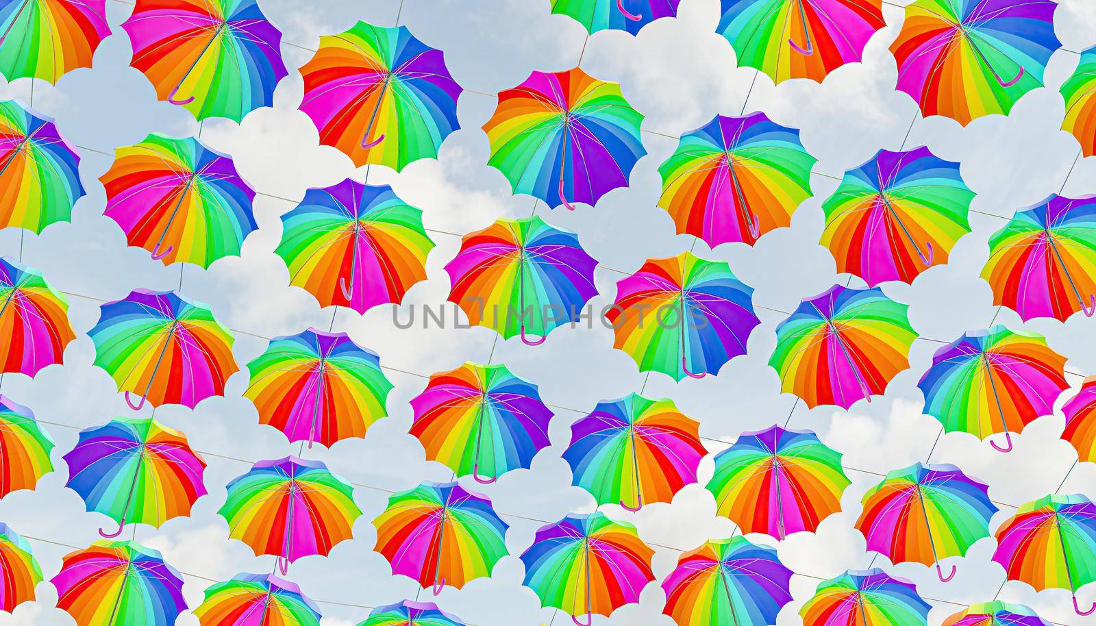 3d rendering of umbrellas hanging in the street with the LGTB flag.