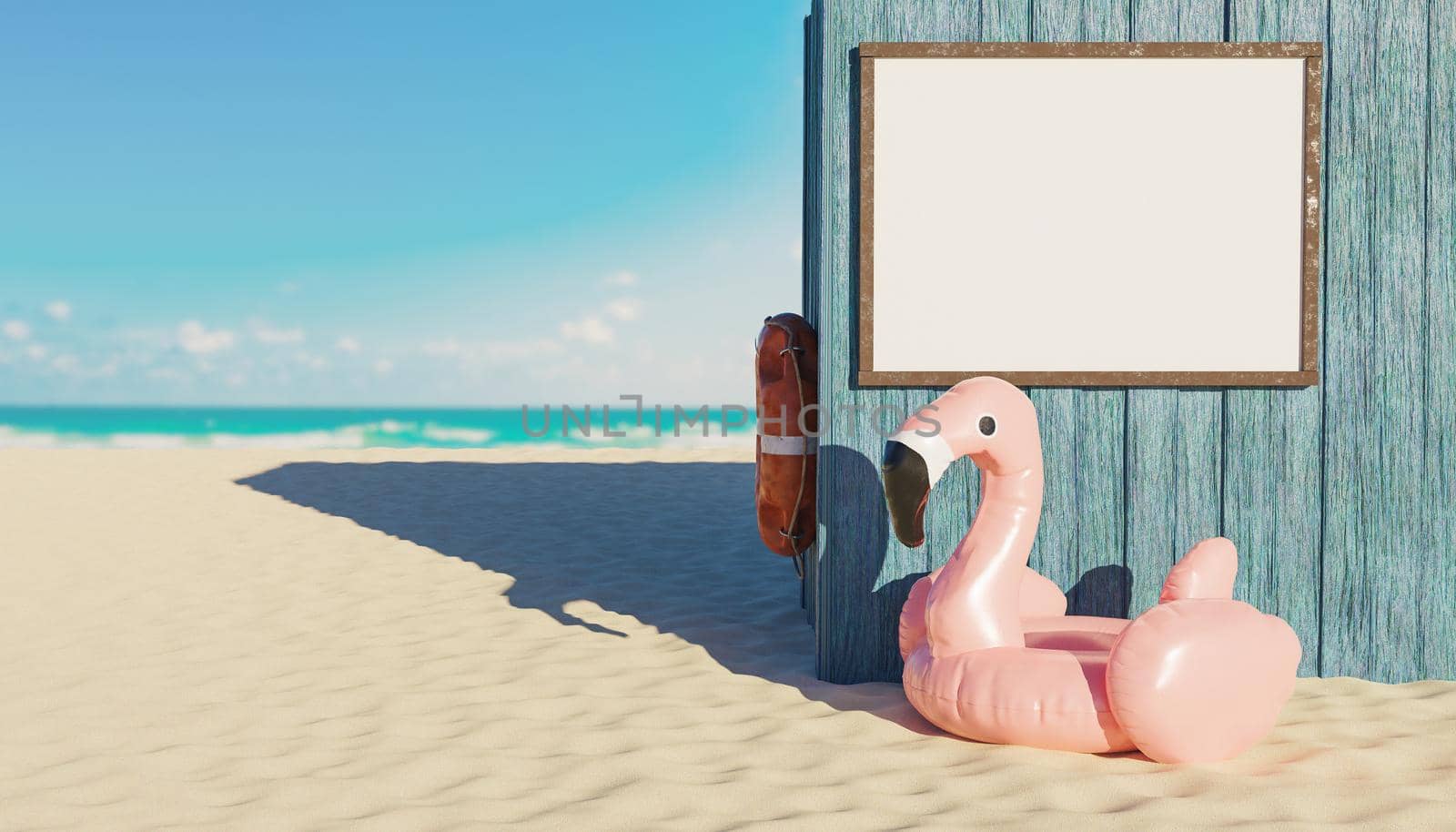 mockup of blank signage panel in a wooden hut on the beach with flamingo float by asolano
