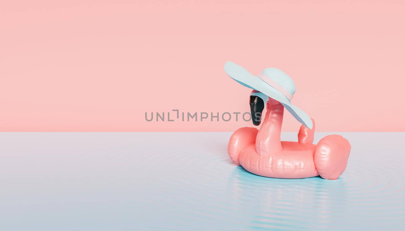 flamingo float with hat on blue liquid surface with pastel colors. summer minimal concept by asolano
