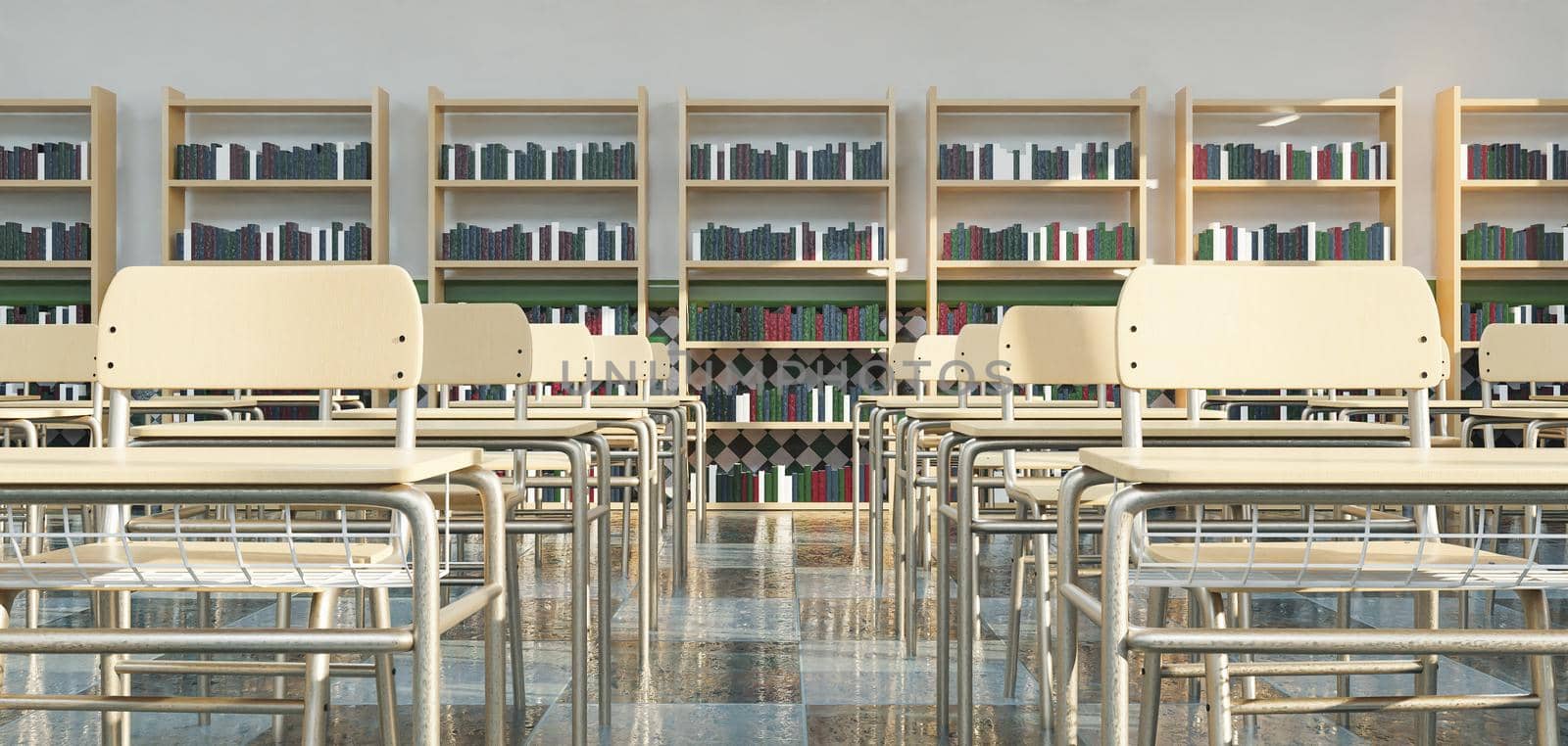 rows of school desks in classroom with shelves full of books in the background. 3d rendering