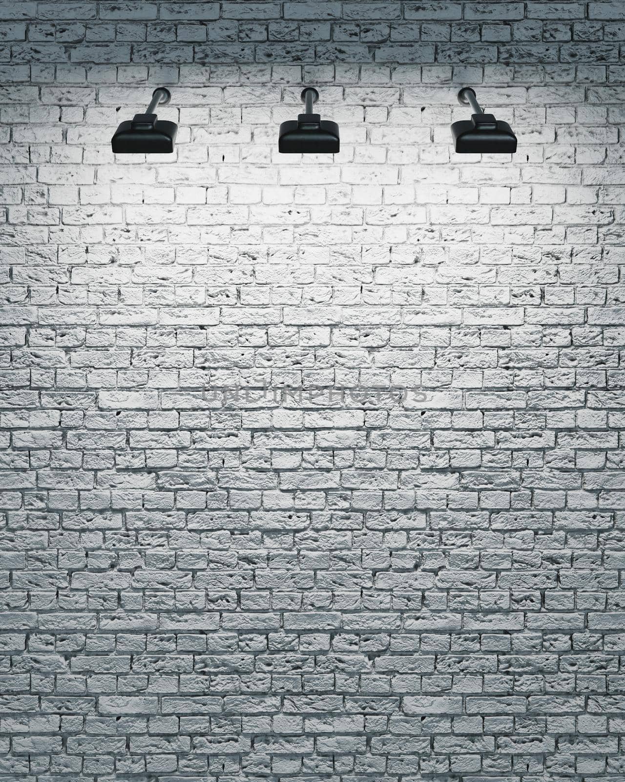 white brick wall with three spotlights illuminating. 3d rendering