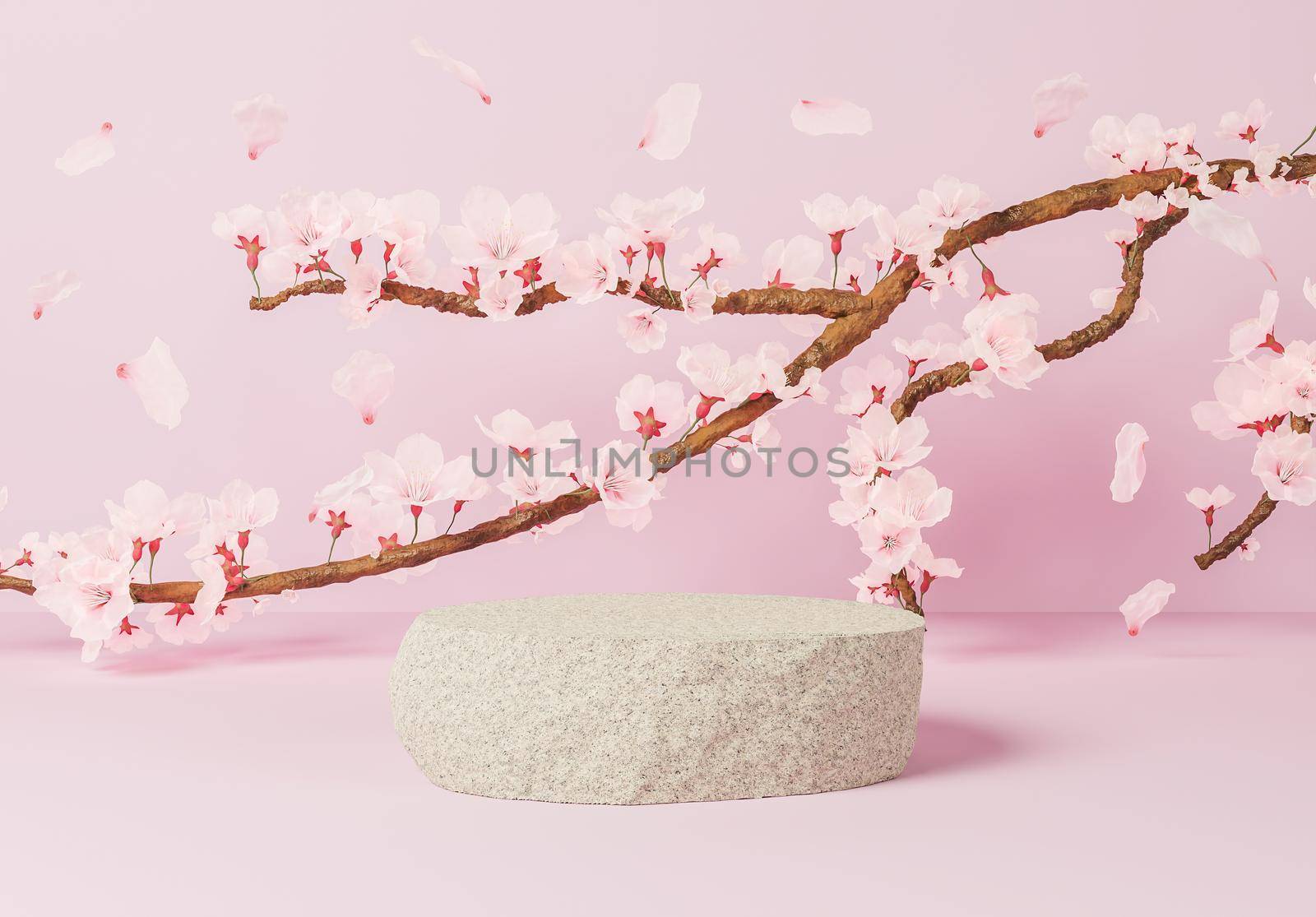 rock for product presentation with pink background and branch full of cherry blossoms . 3d rendering